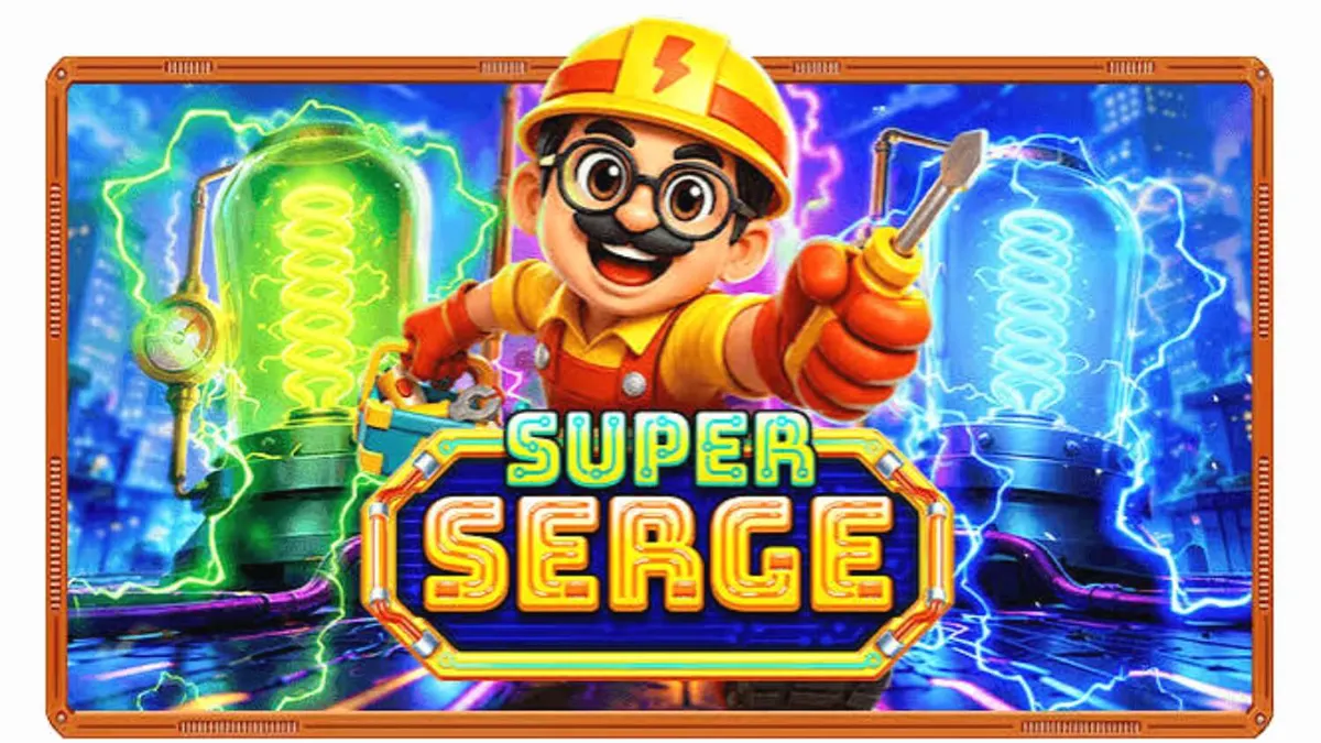 Interface vibrante e futurista do slot Super Serge com símbolos neon e ferramentas elétricas