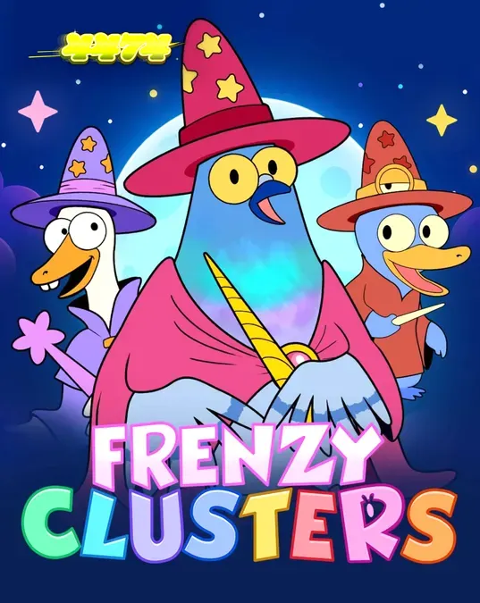 Interface vibrante do slot Frenzy Clusters com personagens coloridos e grade de jogo 7x7